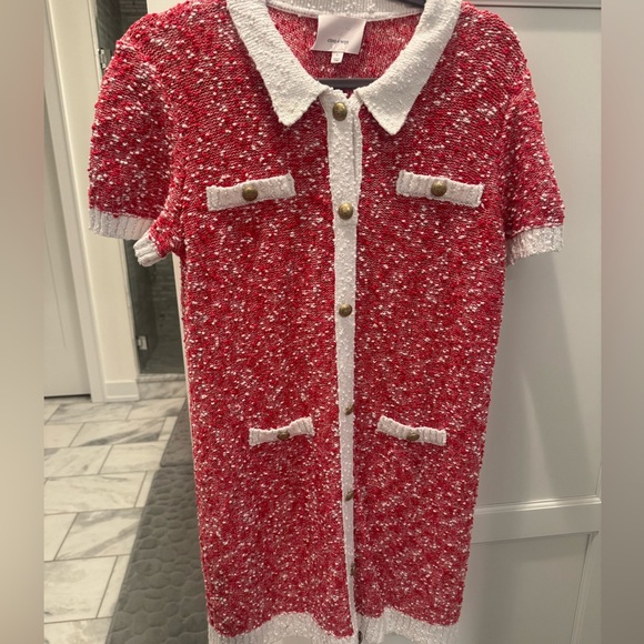 cinq a sept Dresses & Skirts - Cinq à Sept Red and White Knit Dress with Gold Accent